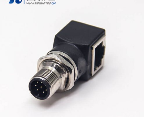 m12接插件轉rj45彎式轉接頭8芯前鎖板轉RJ45網絡接口m12公頭