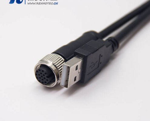 m12轉(zhuǎn)USB接線180度m12A型17芯轉(zhuǎn)USB Type A公頭1M AWG26不帶屏蔽